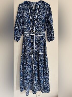 NY Collection Blue & White Patterned Midi Dress